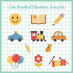 Cute Preschool Education Vector Icons – Toys, Books, Vehicles, and Stationery**