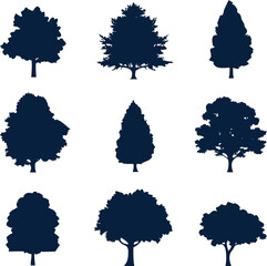 Tree silhouette vector icon collection for woodland, seasonal, or environmental-themed artwork.