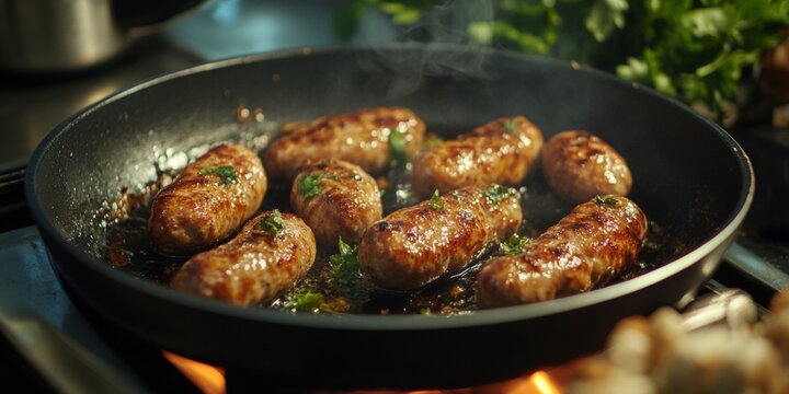 Fresh sausages being cooked in a pan on the stove. Perfect for any meal and ready to serve with some seasonings.