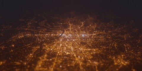 Street lights map of Antwerp (Belgium) with tilt-shift effect, view from south. Imitation of macro shot with blurred background. 3d render, selective focus
