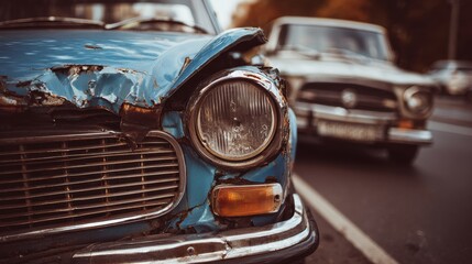 High-quality photo of car accident on the road, Damaged bumpers from car accident, Damaged automobiles.