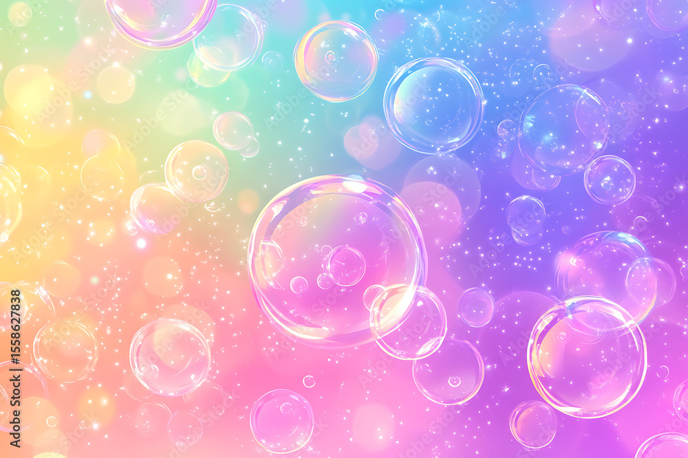Poster colorful soap bubbles floating against a vibrant gradient background with sparkling effects