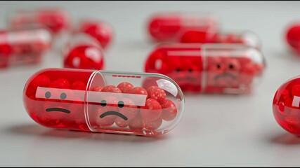 Red capsule marked with sad emoticons, visually representing emotional pain and inner conflict. - Powered by Adobe