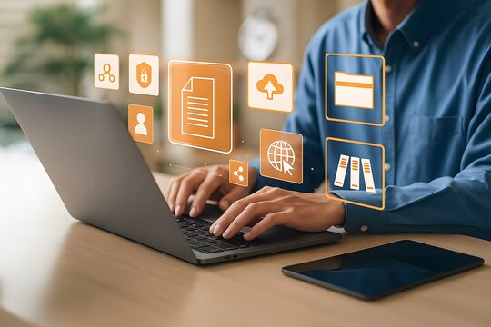 Person using laptop with orange digital data icons cloud computing network security file sharing