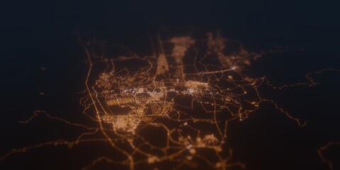 Street lights map of Naypyidaw (Myanmar) with tilt-shift effect, view from south. Imitation of macro shot with blurred background. 3d render, selective focus