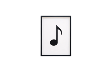 Black musical note in white background within black picture frame on wall, isolated on a transparent background