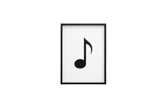 Black musical note in white background within black picture frame on wall, isolated on a transparent background