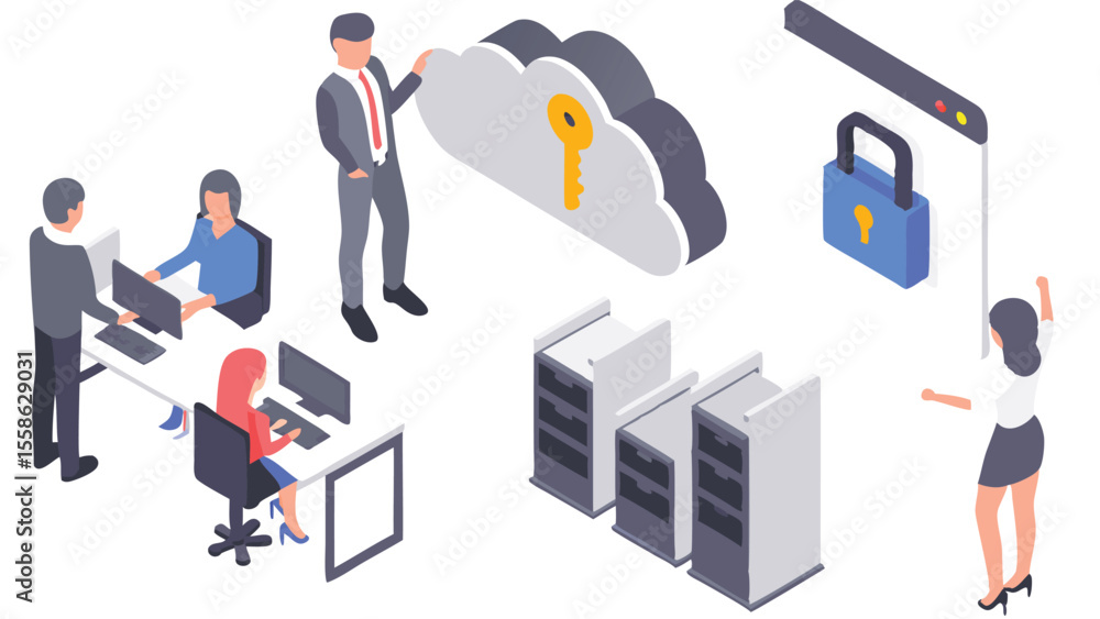 Aufkleber isometric view of team working on cloud security with servers and data protection measures present