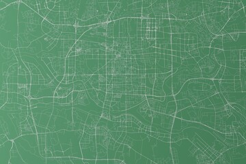 Stylized map of the streets of Foshan (China) made with white lines on green background. Top view. 3d render, illustration