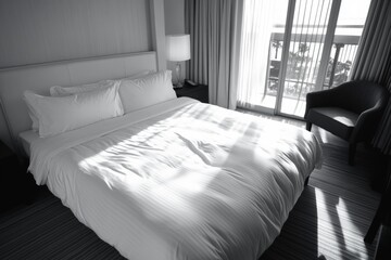 Modern hotel room with king bed, ample natural lighting, and simple decor. Well-lit space for guest comfort.
