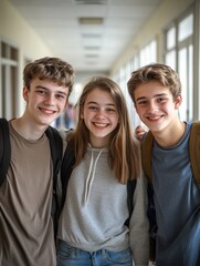 Three friends posing for a photo at school with smiles on their faces.