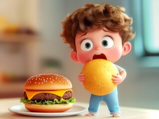 Cute animated boy grabbing a burger with both hands and taking a big bite.