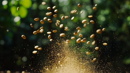 Several walnuts falling from a tree.