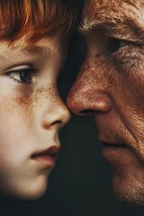 Close-up photo of a father and son with facial hair, sharing a moment of mentorship and advice.