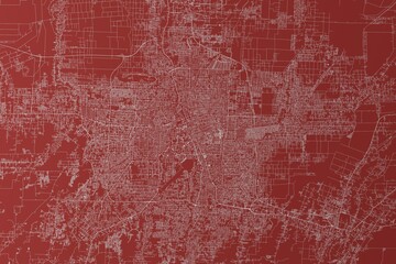 Map of the streets of Medan (Indonesia) made with white lines on red background. Top view. 3d render, illustration