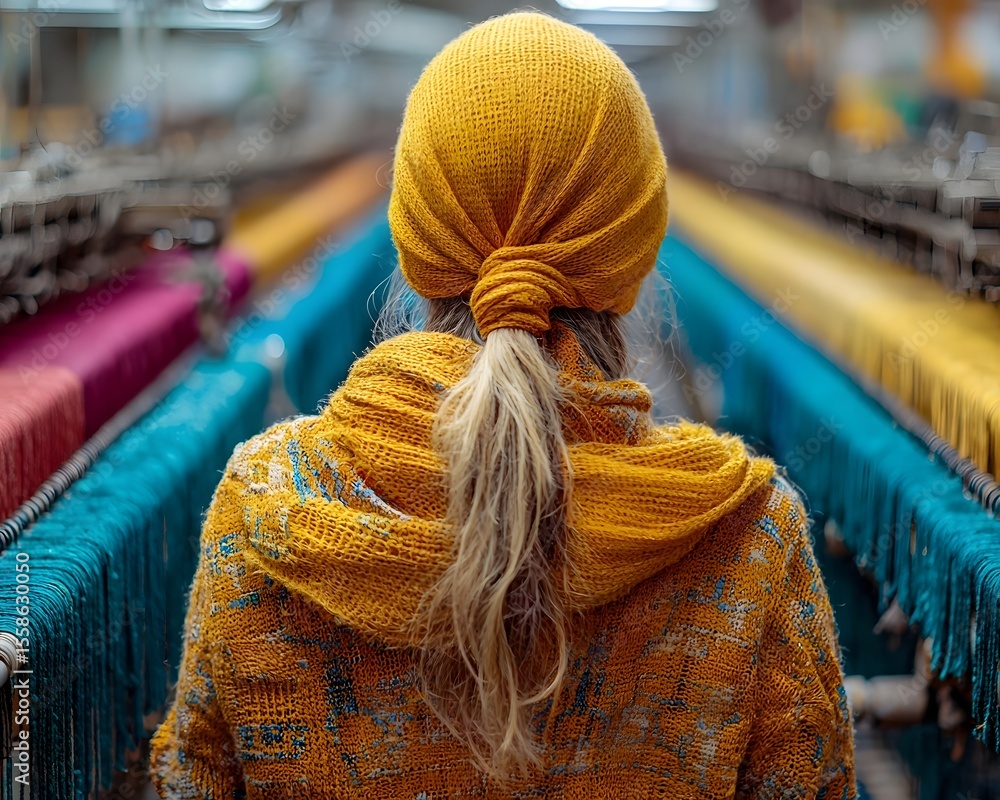 Poster textile factory worker monitoring rows of colorful fabric being woven on automated looms