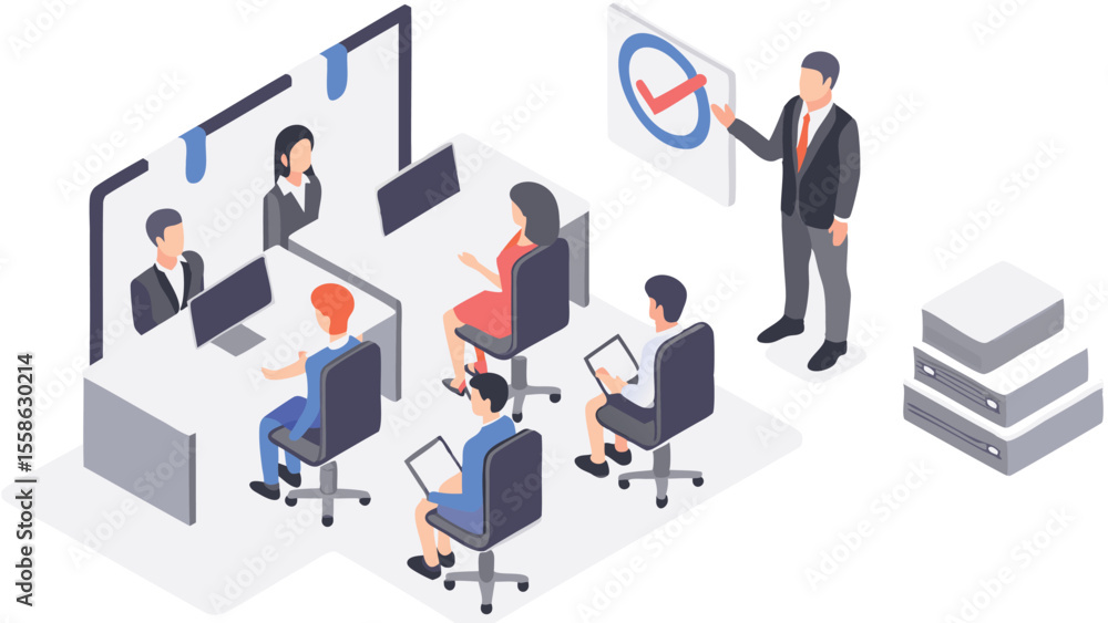 Aufkleber isometric view of a business meeting with people at desks and a presentation with a check mark icon