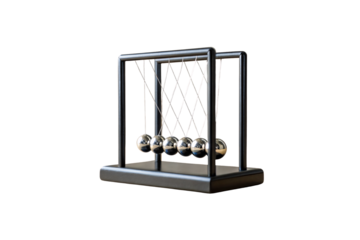 Newton's cradle physics demonstration device with six chrome steel balls suspended on thin metal strings, isolated on a transparent background
