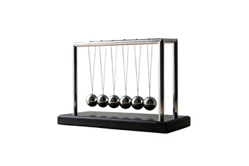 Six metallic pendulum balls suspended in Newton's cradle physics toy demonstrating conservation of momentum principles, isolated on a transparent background