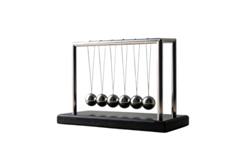 Six metallic pendulum balls suspended in Newton's cradle physics toy demonstrating conservation of momentum principles, isolated on a transparent background