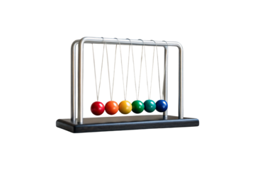 Colorful Newton's cradle with six rainbow-colored balls red orange yellow green teal blue suspended in frame, isolated on a transparent background