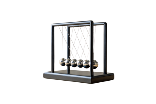 Newton's cradle physics demonstration device with six chrome steel balls suspended on thin metal strings, isolated on a transparent background