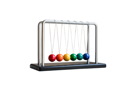 Colorful Newton's cradle with six rainbow-colored balls red orange yellow green teal blue suspended in frame, isolated on a transparent background - Powered by Adobe