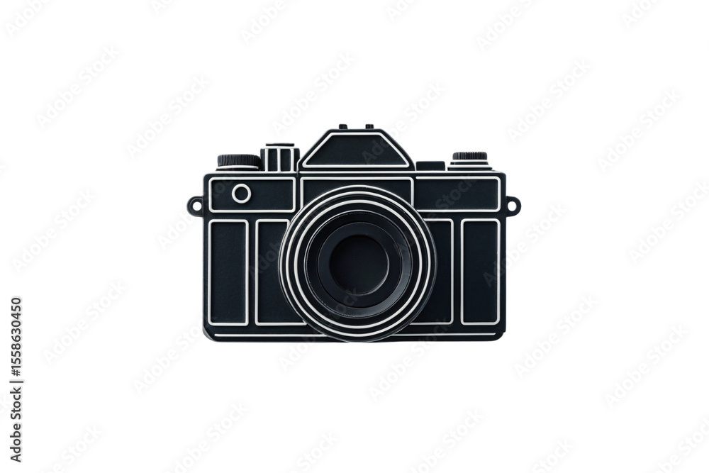 Poster simplified black camera icon with geometric design and circular lens element, isolated on a transpar