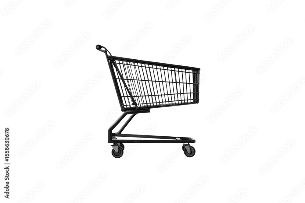 Poster black wire frame shopping cart with extended handle in side profile view, isolated on a transparent 