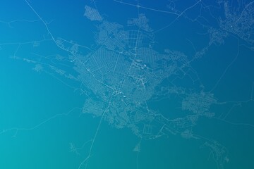 Map of the streets of Shymkent (Kazakhstan) made with white lines on greenish blue gradient background. 3d render, illustration