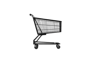 Black wire frame shopping cart with extended handle in side profile view, isolated on a transparent background