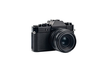 Professional black DSLR camera with large lens and detailed body construction, isolated on a transparent background