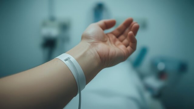 Patient wrist. Aspiration pneumonia EVALI Voxelotor Iot healthcare Inpatient care Iv hydration Cynerio Dozee Onerecord Inflammatix Hospital bracelet. Medical identification. Pale skin. Youthful hand.