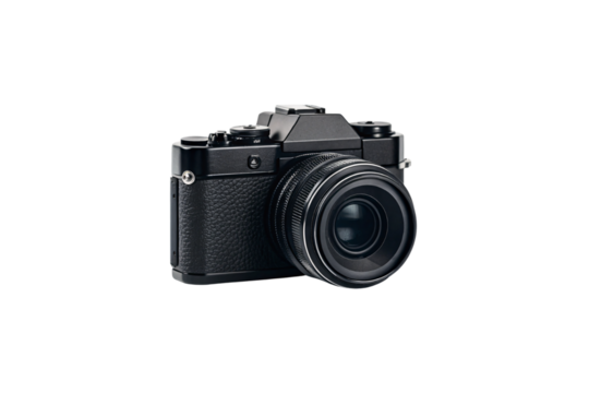 Professional black DSLR camera with large lens and detailed body construction, isolated on a transparent background