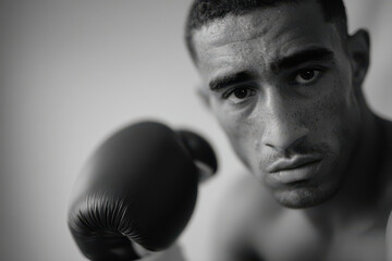 dynamic portrait of boxer in neutral expression focusing on muscles and technique