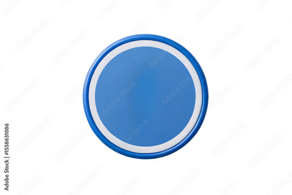 Poster blue circular button with white border and raised appearance for user interface, isolated on a trans