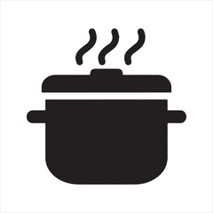 Cooking pot icon vector. Steaming saucepan silhouette for kitchen and food preparation themes. Simple black cookware graphic isolated on white