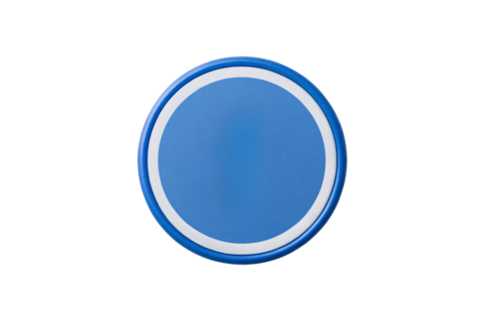 Blue circular button with white border and raised appearance for user interface, isolated on a transparent background