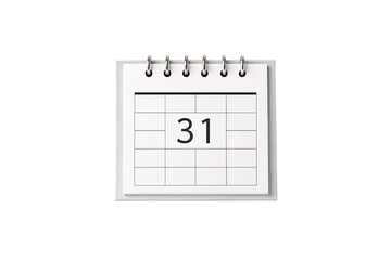 Wall calendar showing number 31 with spiral binding for monthly date display and organization, isolated on a transparent background