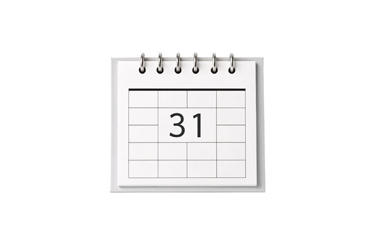 Wall calendar showing number 31 with spiral binding for monthly date display and organization, isolated on a transparent background