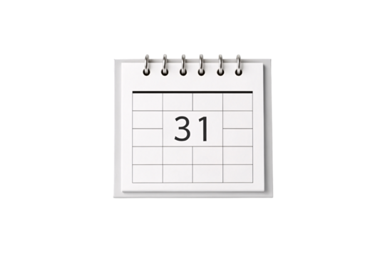 Wall calendar showing number 31 with spiral binding for monthly date display and organization, isolated on a transparent background