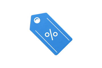 Blue discount tag with percentage symbol showing promotional pricing or sale offer, isolated on a transparent background