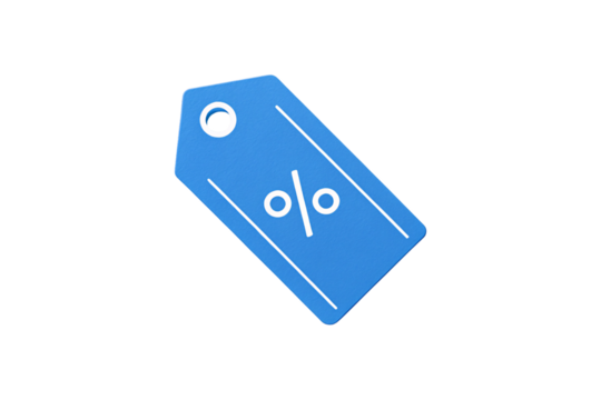 Blue discount tag with percentage symbol showing promotional pricing or sale offer, isolated on a transparent background