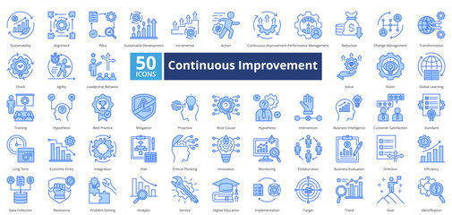 Continuous Improvement icon set contains 50 icons including, satisfaction, standard, long term, integration, plan, innovation, monitoring, sustainability, simple vector blue style.