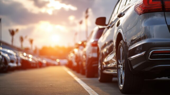 High-quality photo of car parked in an outdoor parking lot on a sunny day, Car insurance background, Used car for sale and rental service.