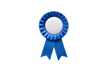 Blue award rosette with pleated fabric circle and two trailing ribbon tails below, isolated on a transparent background