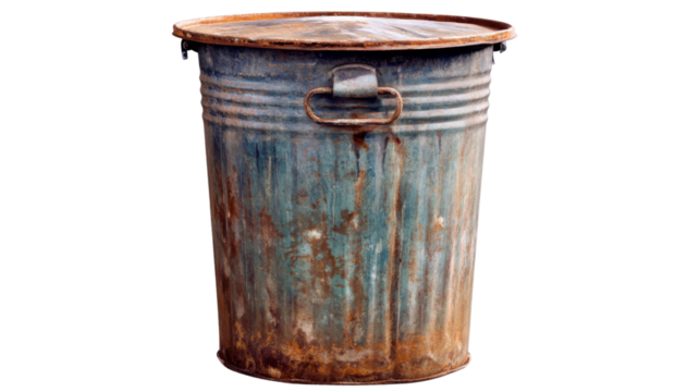 Old rusty metal trash can with weathered surface isolated on white background

