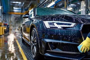Obraz premium Worker washing new car in car manufacturing plant