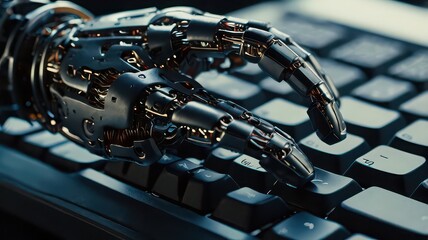 A robotic arm typing on a black keyboard with visible internal wires and mechanical finger joints close up