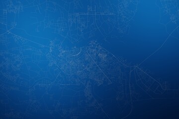 Stylized map of the streets of Haifon (Vietnam) made with white lines on abstract blue background lit by two lights. Top view. 3d render, illustration